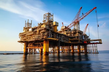 Poster Petroleum drilling rig, offshore drilling rig during sunset © Surasak