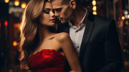A stunning man and woman in a red dress strikes a confident pose amidst urban nightlife, city lights