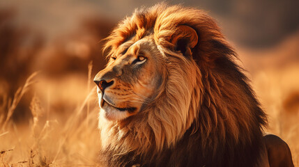 Naklejka premium A close-up of a regal lion, basking under a golden sun, with wind ruffling its magnificent mane