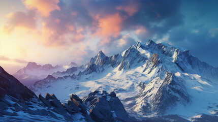 Obraz premium Majestic mountain peak illuminated by golden sunlight against a vibrant evening sky