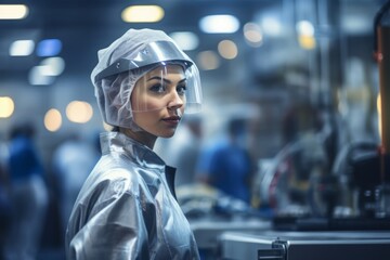 Female factory worker wearing a safety wear safety clothing in chemical factories  generative ai