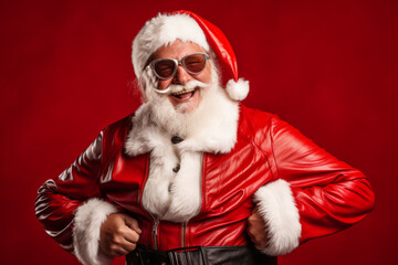 Aged playful emotion Santa in sunglasses with comic grimace fooling around on red background - obrazy, fototapety, plakaty