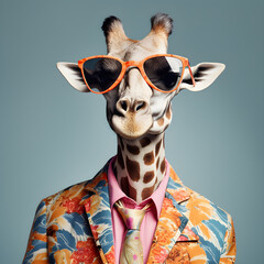 The Cool giraffe wearing suit clothes and glasses, Modern background. Concept Fashionable animals. Generative Ai.