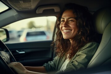 Fototapeta na wymiar Female sits behind the wheel of a car and smile generative ai