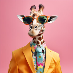 Naklejki  The Cool giraffe wearing suit clothes and glasses, Modern background. Concept Fashionable animals. Generative Ai.