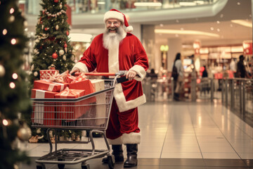 Santa Claus with gifts with shopping cart in the mall. Christmas shopping. Christmas sales