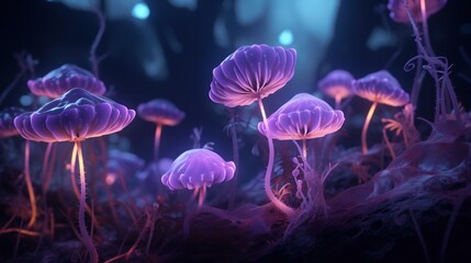 3d illustration of purple luminous glowing lichens flowers in the neon jungle.