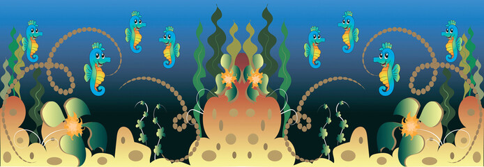  flat children's illustration. Fantasy with seahorses on the seabed. Cartoons about seahorses, algae.  Drawings on fabric.