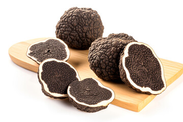 Black truffles on a cutting board isolated on white background.