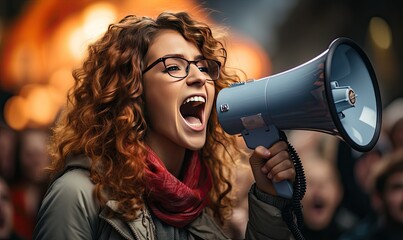 Photo of a woman using a megaphone to address a crowd