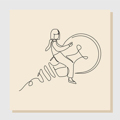 Continuous line drawing art of Business woman riding idea light bulb. Vector illustration single one line hand drawn of people success launching business startup achievement.