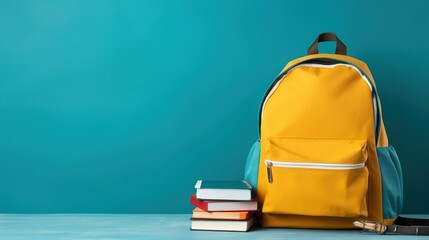 left copy space background with backpack placed on a desk with textbooks.