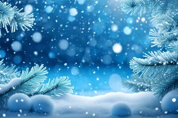 Blue winter Christmas background frame, wide size. Snow-covered fir branches, drifting snow, and snowfall against hazy