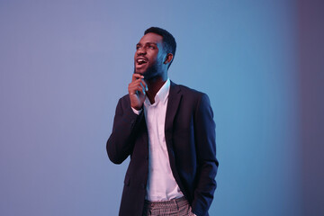 man studio businessman color model expression light neon art futuristic portrait