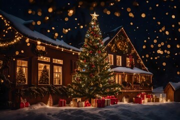 Fototapeta na wymiar Christmas holiday. a Christmas tree and a beautifully adorned home