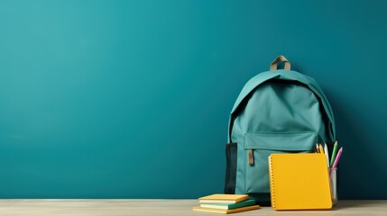 left copy space background with backpack placed on a desk with textbooks. - obrazy, fototapety, plakaty