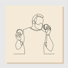 Continuous line drawing of man hold and eat hamburger fastfood. One line art of diabetes concept. Vector illustration