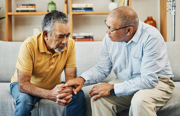 Men, sofa and support with friends in communication, hand gesture and grief with pain or loneliness. Elderly men, diversity and conversation on mental health or emotional counselling on sad with loss - obrazy, fototapety, plakaty