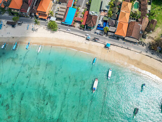 Wonderful high quality photograph from above of a Balinese beach. (Bali, Padang Bai Beach,...