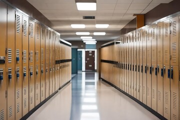 Lockers from a high school in a corridor. the door to a classroom in a school