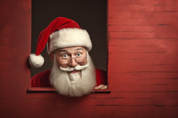 portrait of peeking out Santa Claus from window of the wall. fairytale character, space for text
