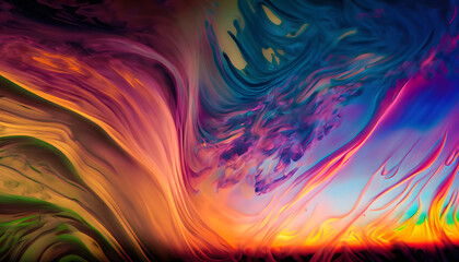Create an abstract background featuring vibrant, swirling colors blending seamlessly together in a mesmerizing dance, captured with a wide-angle lens during the magic of twilight.