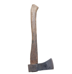 Old rust dirty dark gray axe with brown wooden handle isolated on white background with clipping...