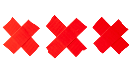 Set of red scotch tape or adhesive vinyl tape in stripe of crisscross shape isolated on white background with clipping path in png file format