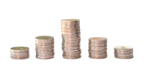 Silver coins in separated stacks isolated on white background with clipping path in png file format. Money growth concept in investment and saving money