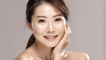 Japanese beautiful woman portrait with smooth health skin face for advertising design. Fit asian beautiful aging young looking woman, beauty health skincare and cosmetics advertisement