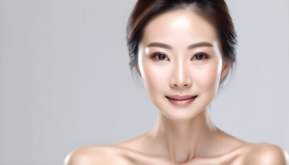 Obraz premium Japanese beautiful woman portrait with smooth health skin face for advertising design. Fit asian beautiful aging young looking woman, beauty health skincare and cosmetics advertisement