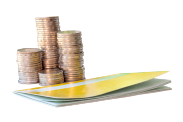 Silver coins in separated stacks with bank book isolated on white background with clipping path in png file format. Money growth concept in investment and saving money