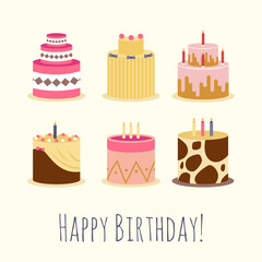 Happy Birthday typography card with a flat birthday cakes