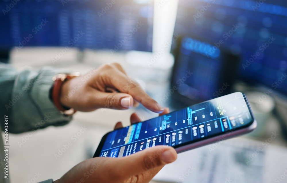 Poster phone screen, hand and trading, data analysis and financial information with investment, dashboard a