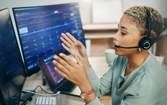Woman, trading and callcenter, computer screen and finance advice, financial investment and communication. Headset, microphone and phone call, help desk consultant for stock market and dashboard