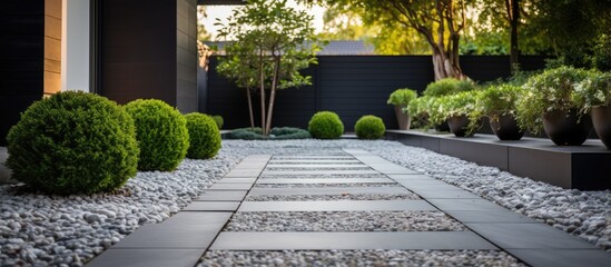 Contemporary pathway with cobblestone paving and miniature trees alongside providing access to private yard With copyspace for text