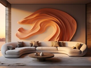 Modern living room is decorated with a wall art of marble and curve couch generative ai