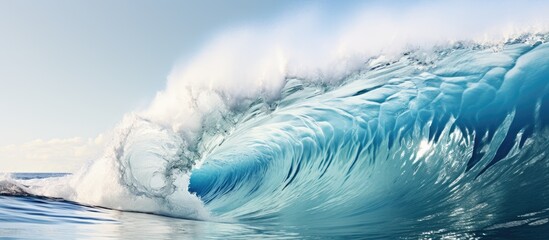 Massive blue wave crashes sprays and foams on water surface With copyspace for text
