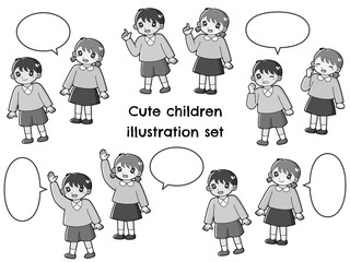 男の子と女の子の様々なポーズと吹き出しセット（笑顔・挙手・指差し・ガッツポーズ）白黒