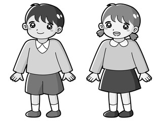 笑顔の男の子と女の子のイラストセット（白黒）