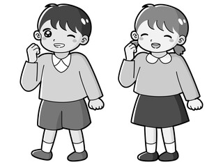 ガッツポーズをする男の子と女の子のイラストセット（白黒）