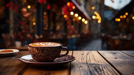 a cup of coffee on an empty wooden Table in front of a blurred and abstract coffee shop background