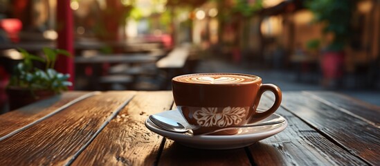a cup of coffee on an empty wooden Table in front of a blurred and abstract coffee shop background