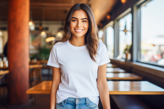 happy young woman in white blank t-shirt standing at cafe terrace