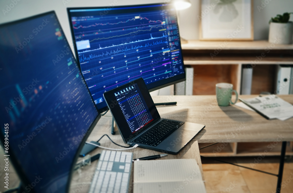 Poster computer screen, laptop and trading, workspace with finance dashboard, graph and chart information o