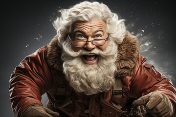 stylish aged Santa with playful emotion with comic grimace on dark background