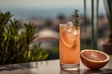 a refreshing shot of a tangy grapefruit spritz, served in a tall glass with grapefruit slices and a sprig of thyme