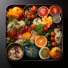 Bento box of fresh fruits and vegetables. Japanese food, top view