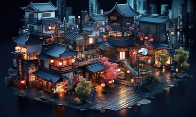 Photo of a bustling Asian town illuminated by a multitude of colorful lights
