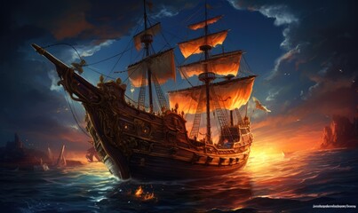 Fototapeta premium Photo of a majestic pirate ship sailing under the moonlight on a dark and mysterious ocean